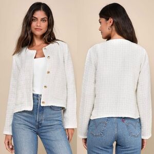 Lulus Posh Pursuits Ivory Tweed Collarless Jacket